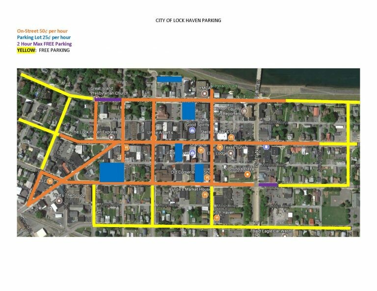 Picture of Lock Haven downtown with yellow and orange lines through the streets